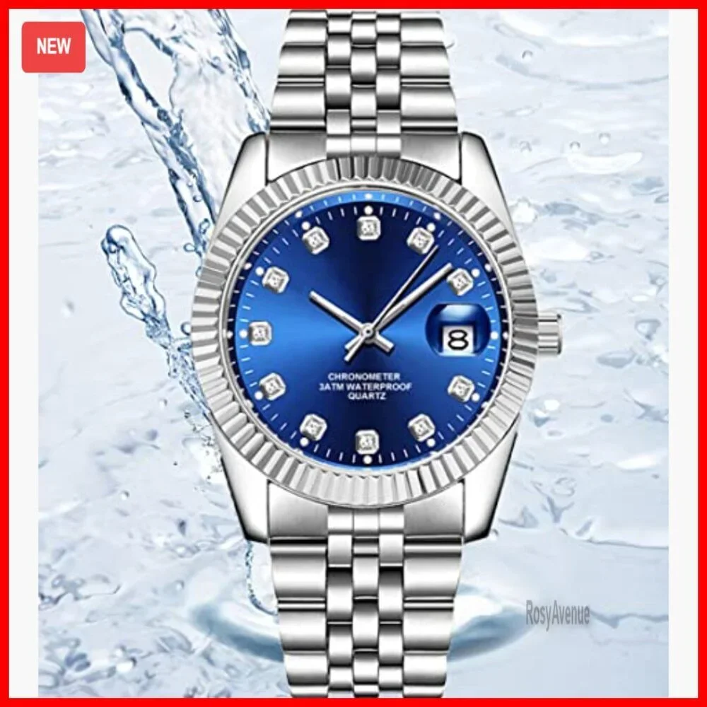 Men's Stainless Steel Quartz Watch with Date, Waterproof, Casual Business